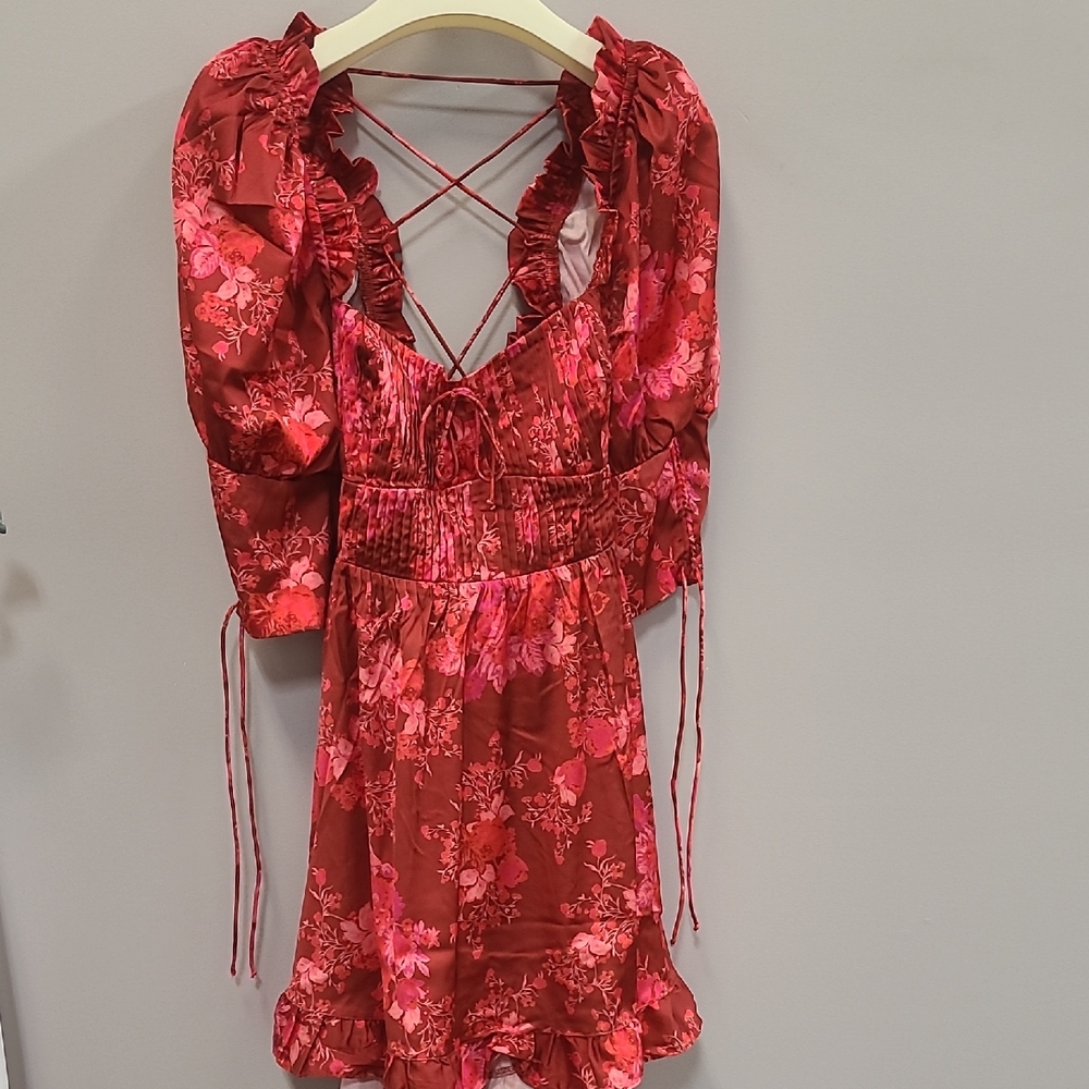 For Love & Lemon Floral Red Dress with Ruffle Details